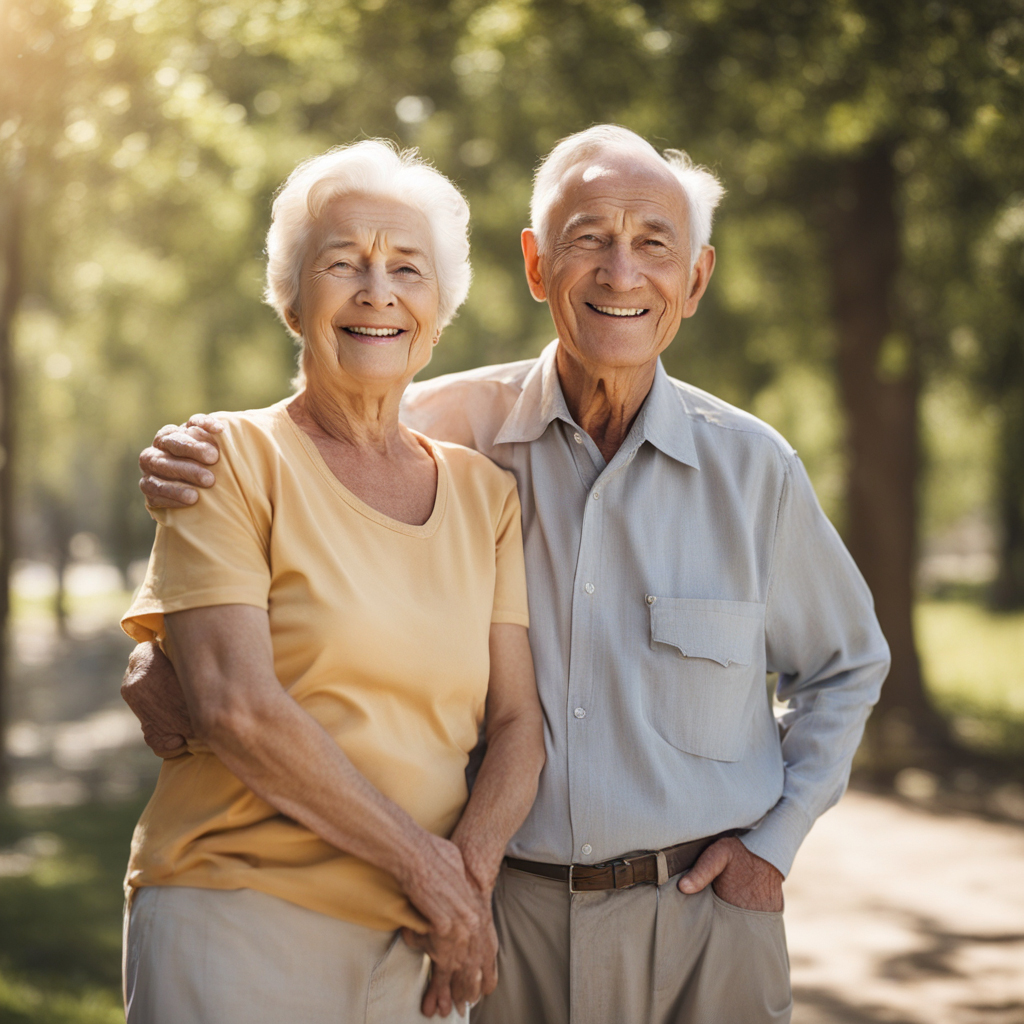 A smiling elderly couple basking in the sun.